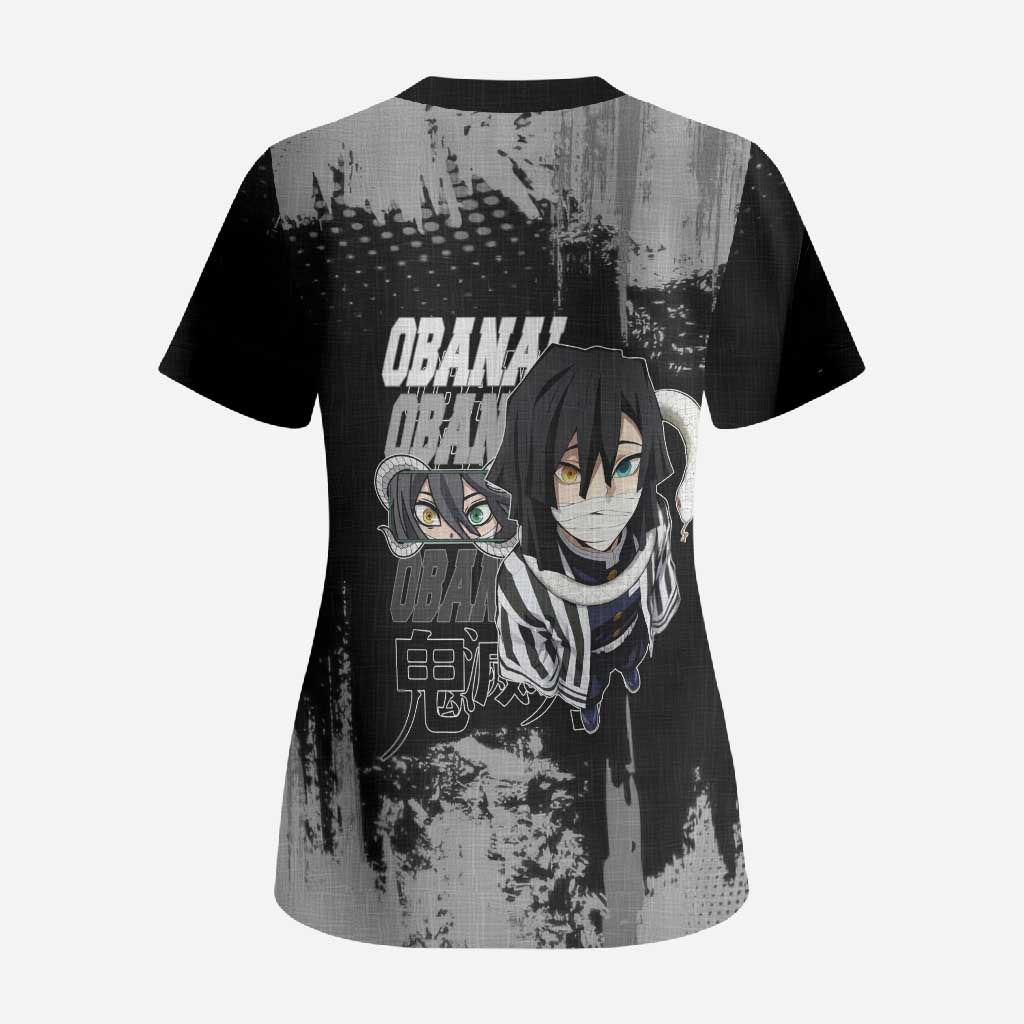 Obanai Iguro Demon Slayer Monochrome Scrub Top Design with Snake and Grunge Texture - The Mazicc