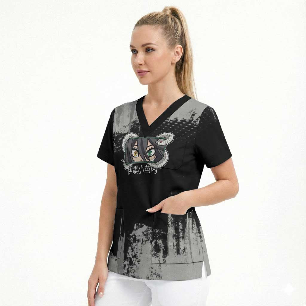 Obanai Iguro Demon Slayer Monochrome Scrub Top Design with Snake and Grunge Texture - The Mazicc