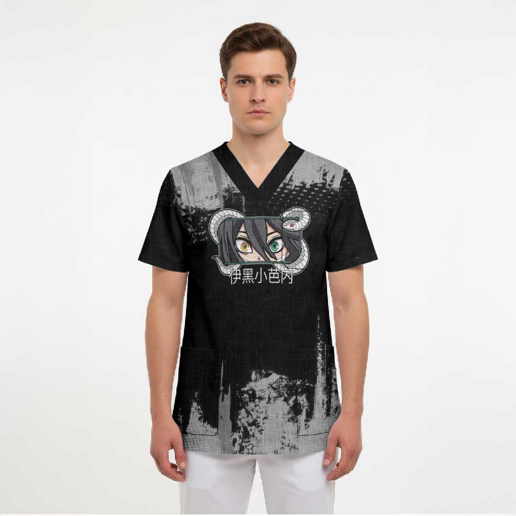 Obanai Iguro Demon Slayer Monochrome Scrub Top Design with Snake and Grunge Texture - The Mazicc