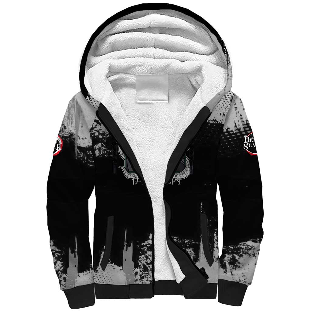 Obanai Iguro Demon Slayer Monochrome Sherpa Hoodie Design with Snake and Grunge Texture - The Mazicc