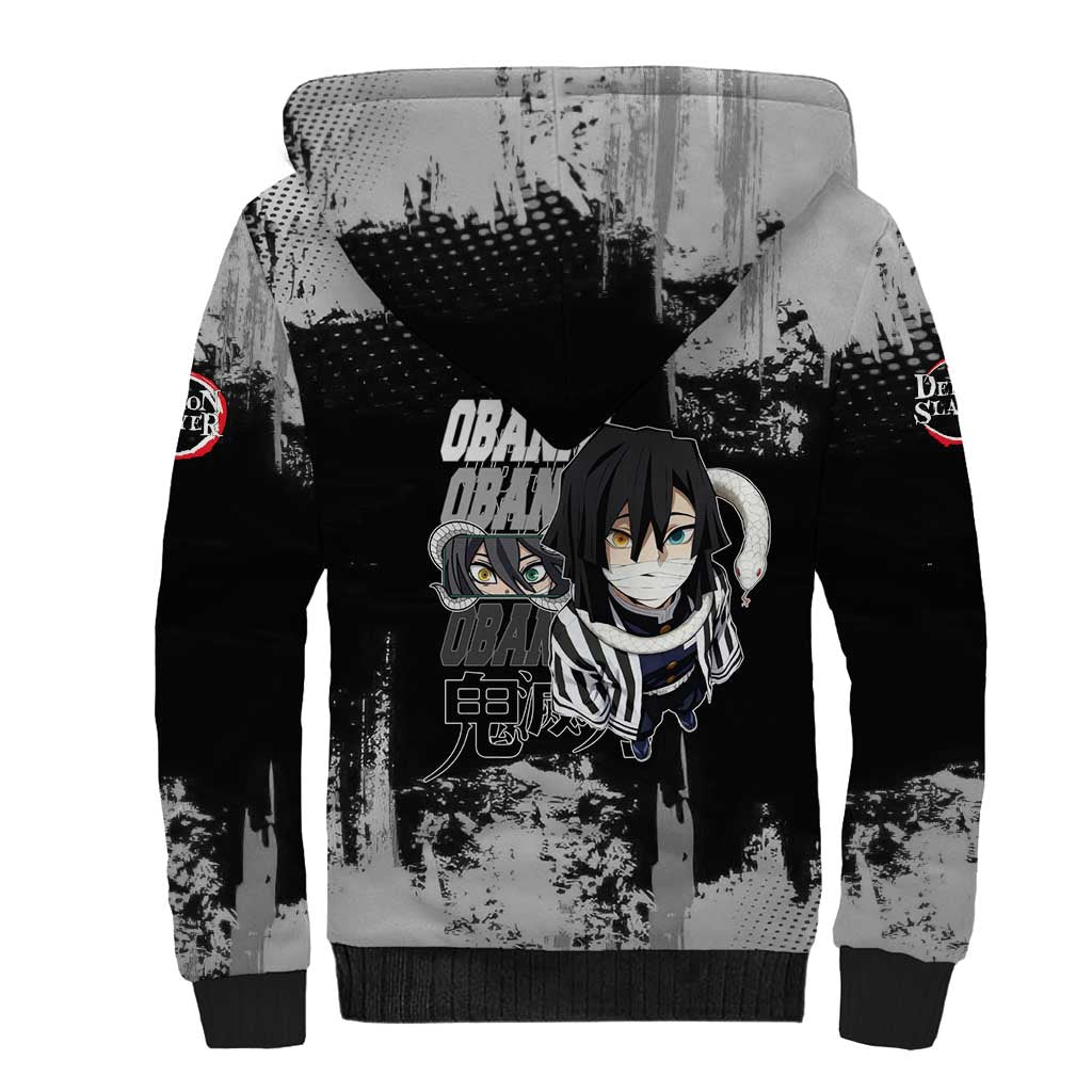 Obanai Iguro Demon Slayer Monochrome Sherpa Hoodie Design with Snake and Grunge Texture - The Mazicc