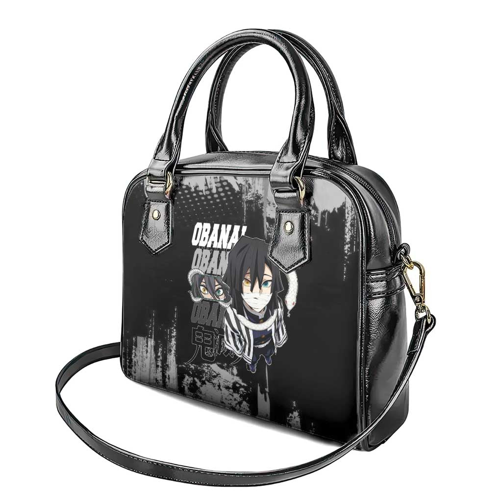 Obanai Iguro Demon Slayer Monochrome Shoulder Handbag Design with Snake and Grunge Texture - The Mazicc