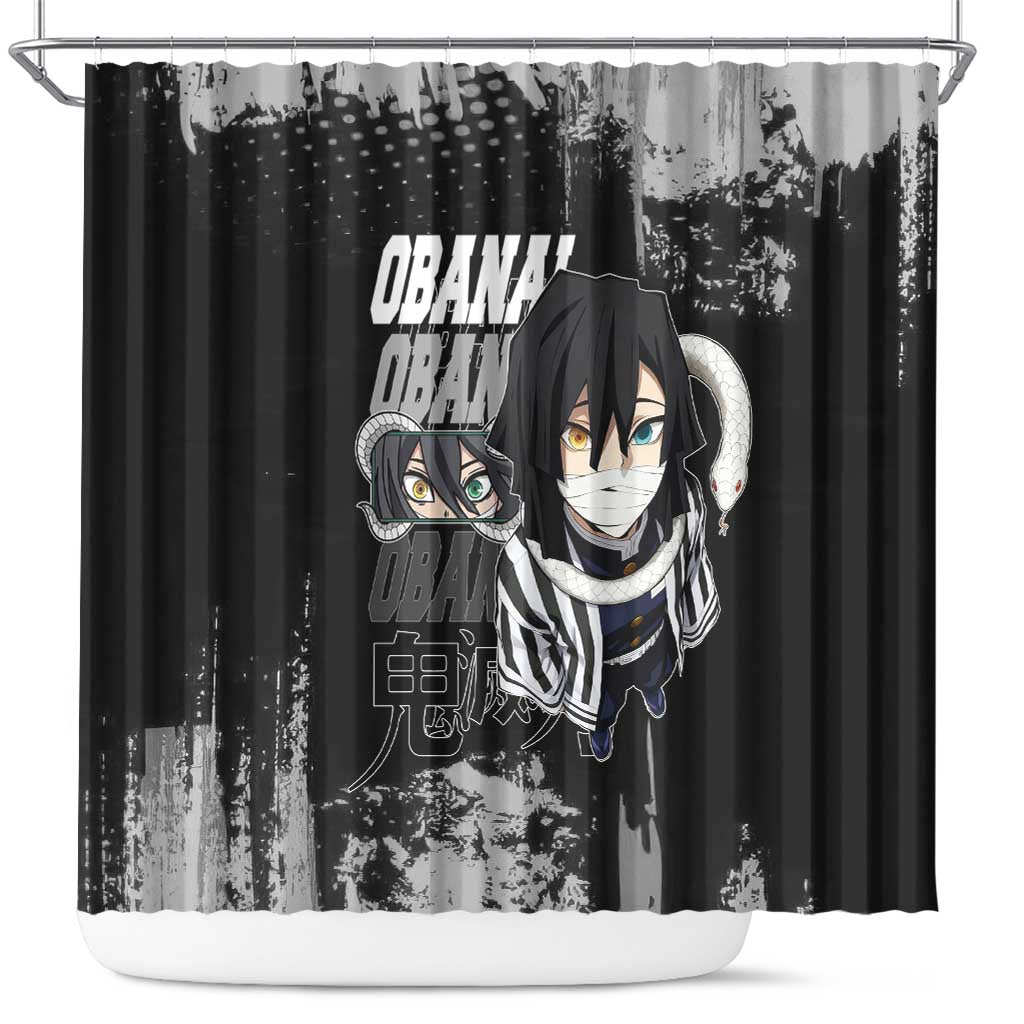 Obanai Iguro Demon Slayer Monochrome Shower Curtain Design with Snake and Grunge Texture - The Mazicc