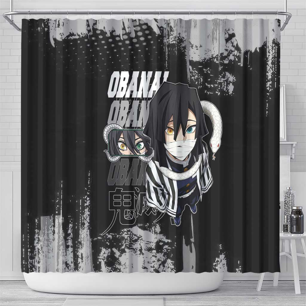 Obanai Iguro Demon Slayer Monochrome Shower Curtain Design with Snake and Grunge Texture - The Mazicc