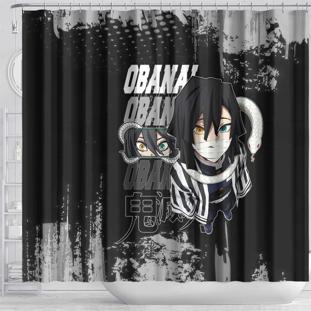 Obanai Iguro Demon Slayer Monochrome Shower Curtain Design with Snake and Grunge Texture - The Mazicc