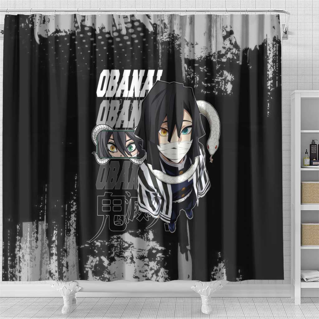 Obanai Iguro Demon Slayer Monochrome Shower Curtain Design with Snake and Grunge Texture - The Mazicc