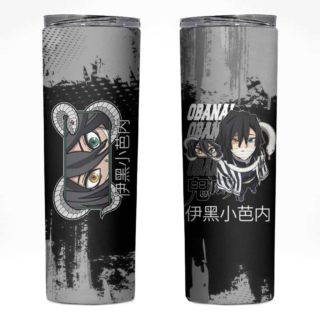 Obanai Iguro Demon Slayer Monochrome Skinny Tumbler Design with Snake and Grunge Texture - The Mazicc