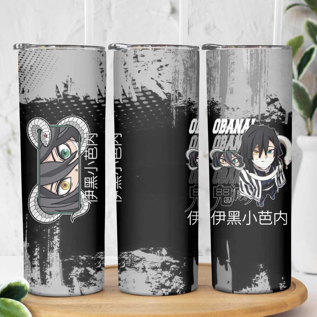 Obanai Iguro Demon Slayer Monochrome Skinny Tumbler Design with Snake and Grunge Texture - The Mazicc