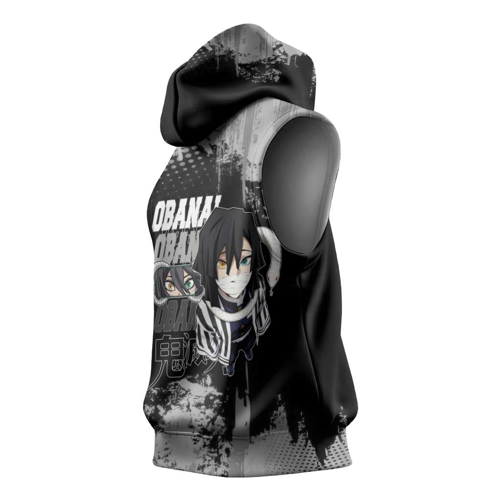 Obanai Iguro Demon Slayer Monochrome Sleeveless Hoodie Design with Snake and Grunge Texture - The Mazicc
