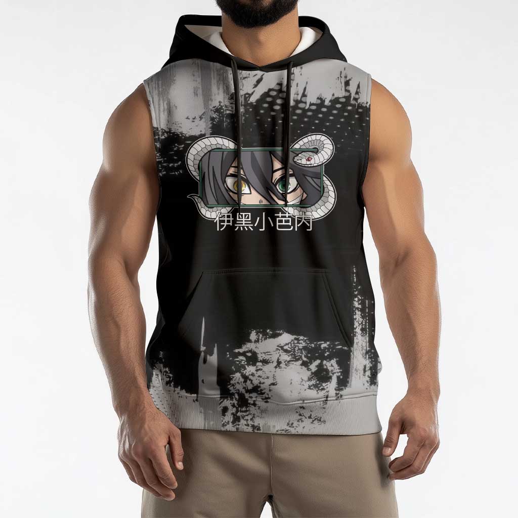 Obanai Iguro Demon Slayer Monochrome Sleeveless Hoodie Design with Snake and Grunge Texture - The Mazicc