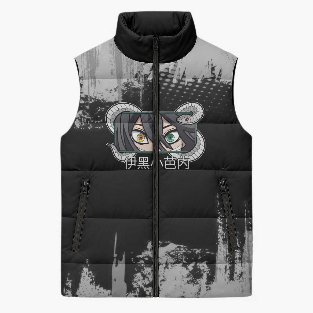 Obanai Iguro Demon Slayer Monochrome Sleeveless Puffer Jacket Design with Snake and Grunge Texture - The Mazicc