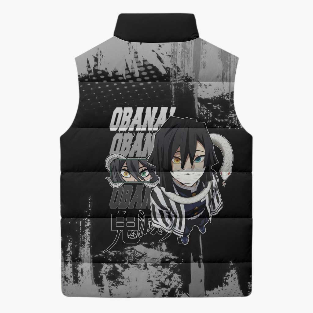 Obanai Iguro Demon Slayer Monochrome Sleeveless Puffer Jacket Design with Snake and Grunge Texture - The Mazicc