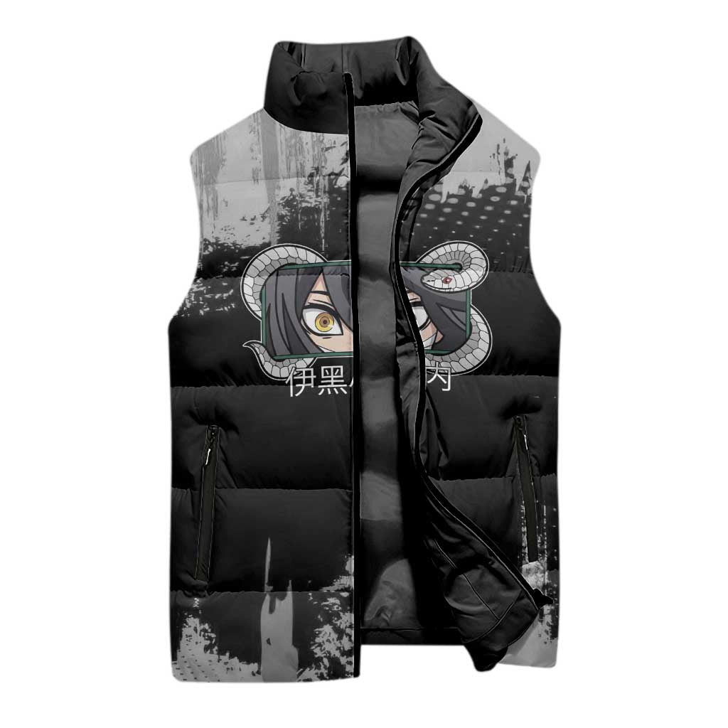 Obanai Iguro Demon Slayer Monochrome Sleeveless Puffer Jacket Design with Snake and Grunge Texture - The Mazicc