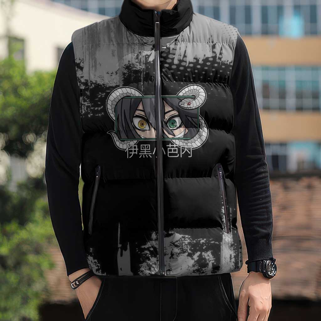 Obanai Iguro Demon Slayer Monochrome Sleeveless Puffer Jacket Design with Snake and Grunge Texture - The Mazicc