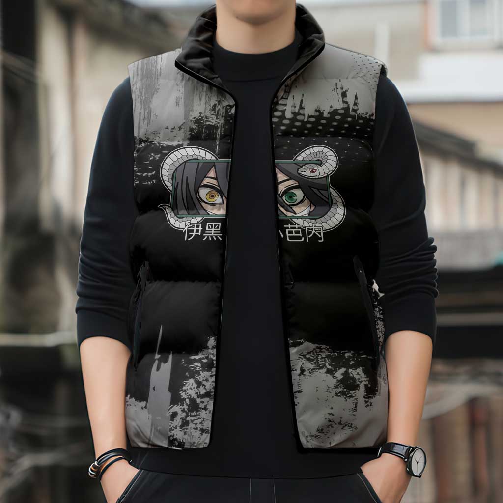 Obanai Iguro Demon Slayer Monochrome Sleeveless Puffer Jacket Design with Snake and Grunge Texture - The Mazicc