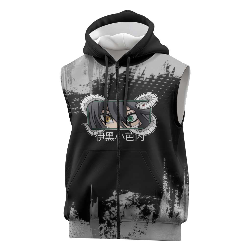 Obanai Iguro Demon Slayer Monochrome Sleeveless Zip Hoodie Design with Snake and Grunge Texture - The Mazicc