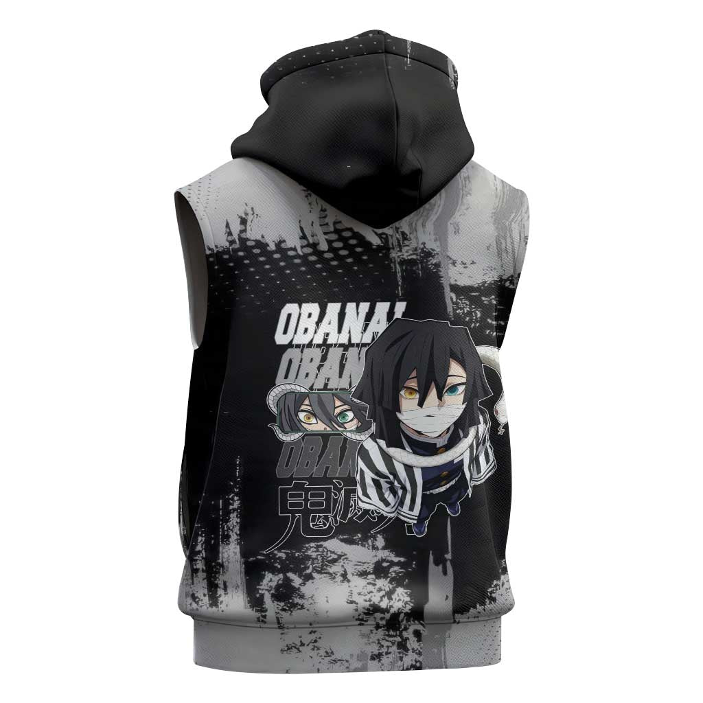 Obanai Iguro Demon Slayer Monochrome Sleeveless Zip Hoodie Design with Snake and Grunge Texture - The Mazicc