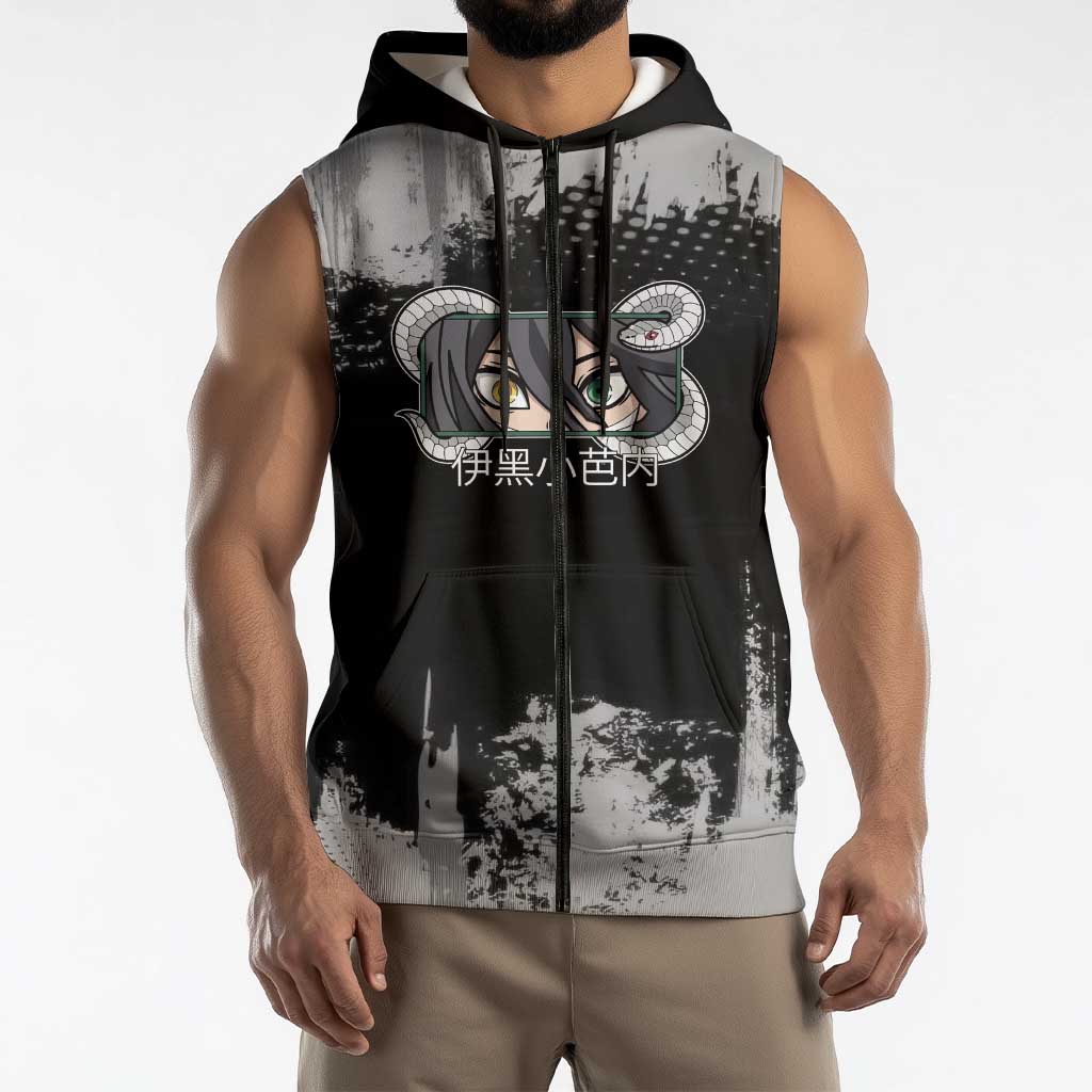 Obanai Iguro Demon Slayer Monochrome Sleeveless Zip Hoodie Design with Snake and Grunge Texture - The Mazicc