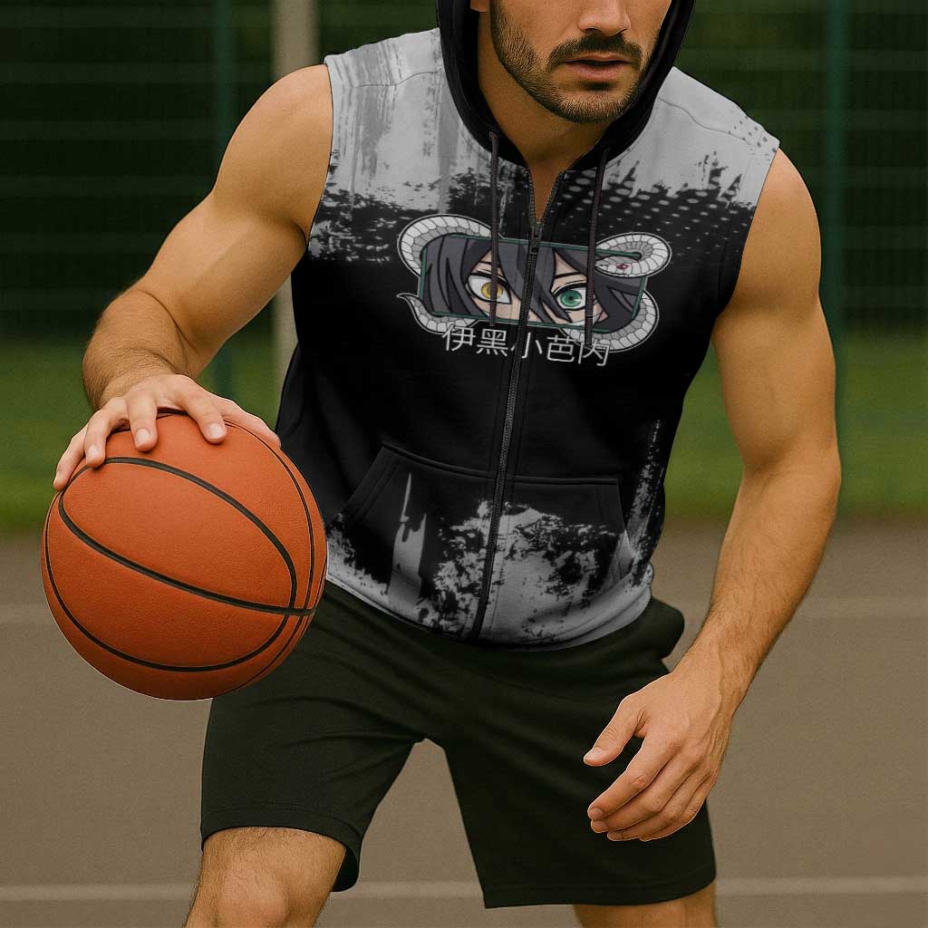 Obanai Iguro Demon Slayer Monochrome Sleeveless Zip Hoodie Design with Snake and Grunge Texture - The Mazicc