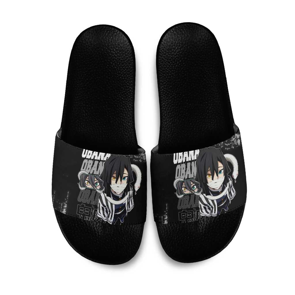 Obanai Iguro Demon Slayer Monochrome Slide Sandals Design with Snake and Grunge Texture - The Mazicc