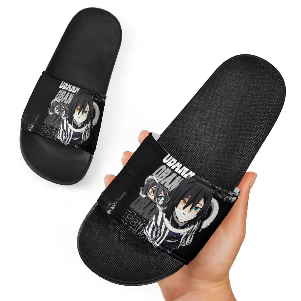 Obanai Iguro Demon Slayer Monochrome Slide Sandals Design with Snake and Grunge Texture - The Mazicc