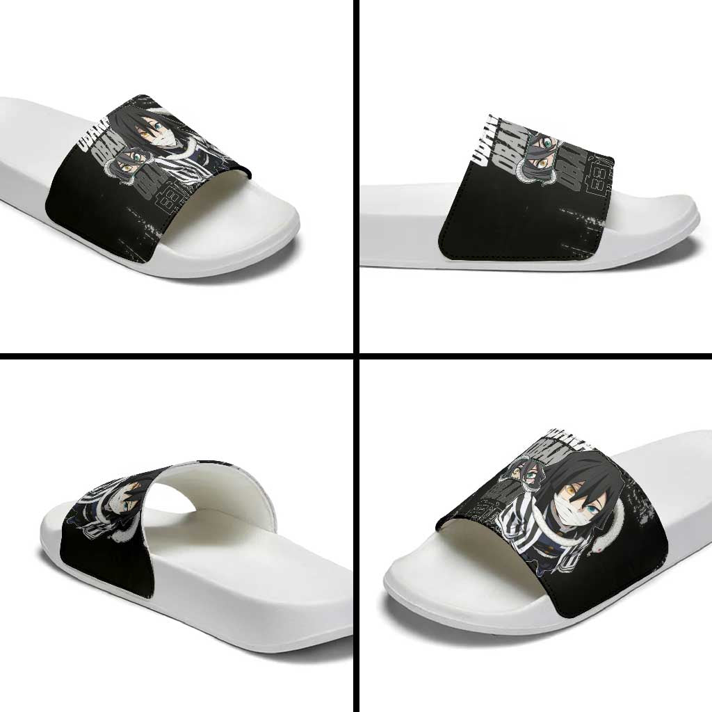 Obanai Iguro Demon Slayer Monochrome Slide Sandals Design with Snake and Grunge Texture - The Mazicc