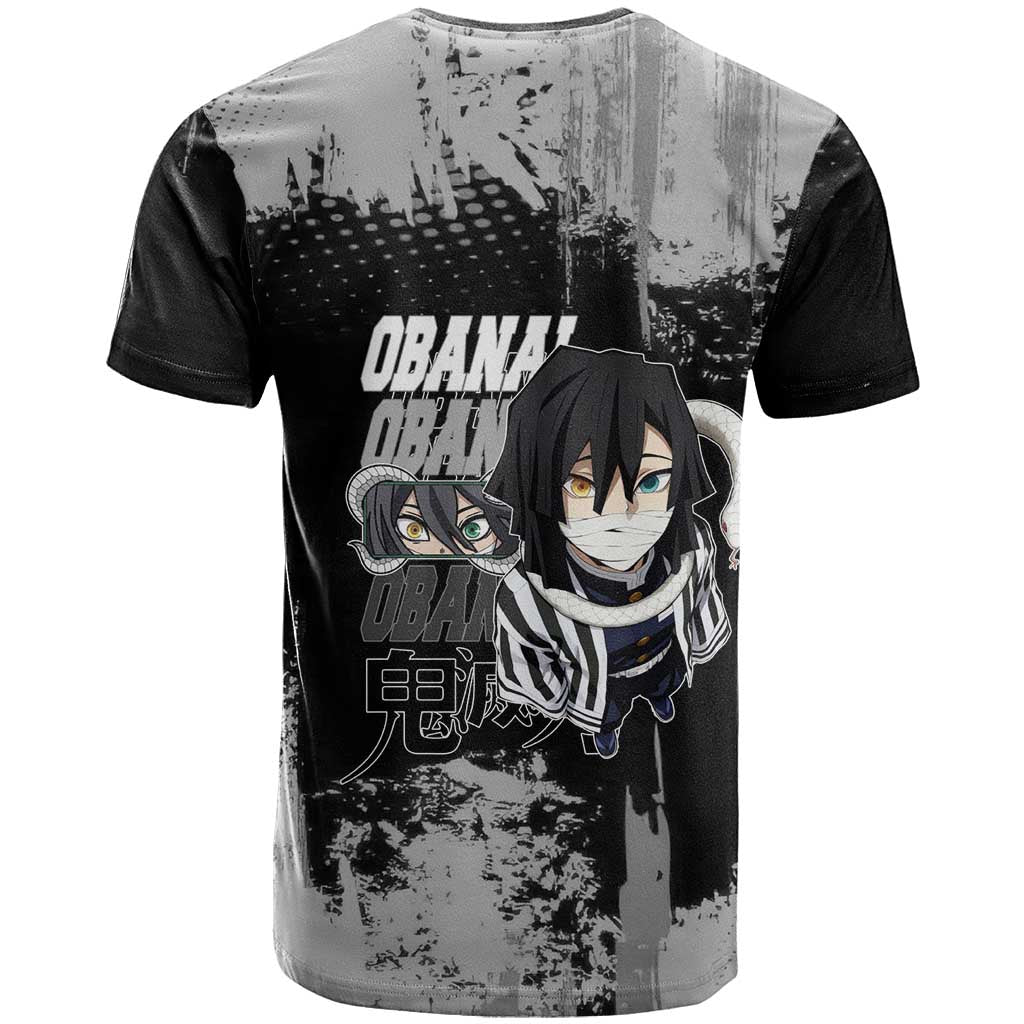 Obanai Iguro Demon Slayer Monochrome T Shirt Design with Snake and Grunge Texture - The Mazicc