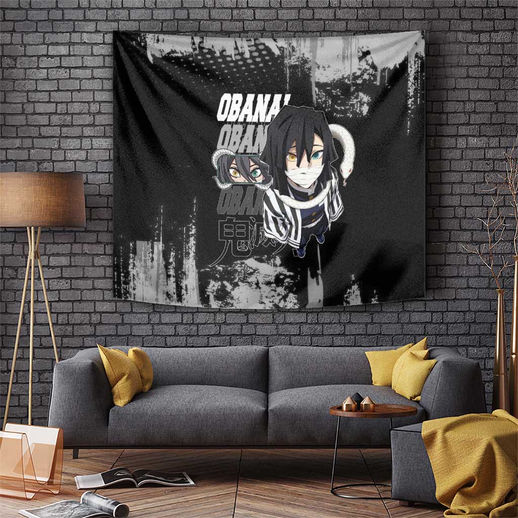 Obanai Iguro Demon Slayer Monochrome Tapestry Design with Snake and Grunge Texture - The Mazicc