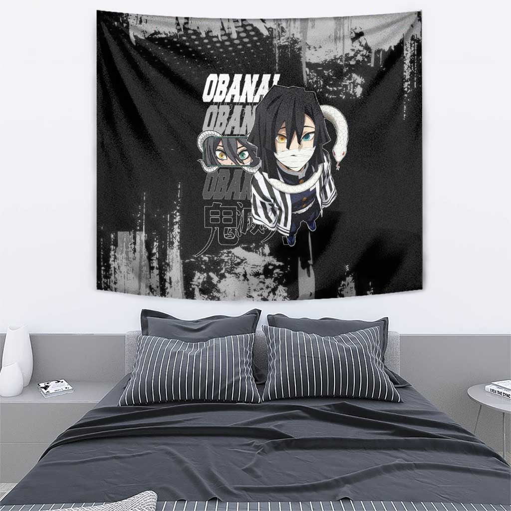 Obanai Iguro Demon Slayer Monochrome Tapestry Design with Snake and Grunge Texture - The Mazicc