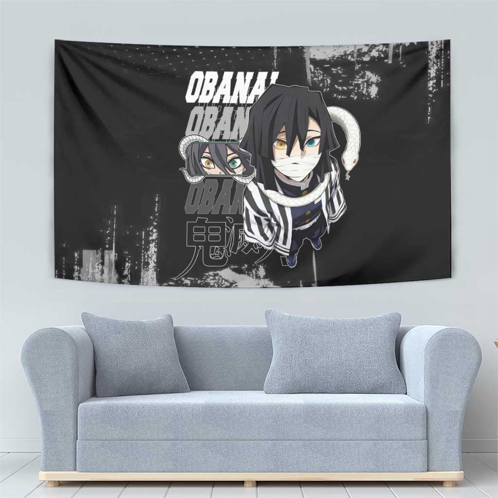 Obanai Iguro Demon Slayer Monochrome Tapestry Design with Snake and Grunge Texture - The Mazicc