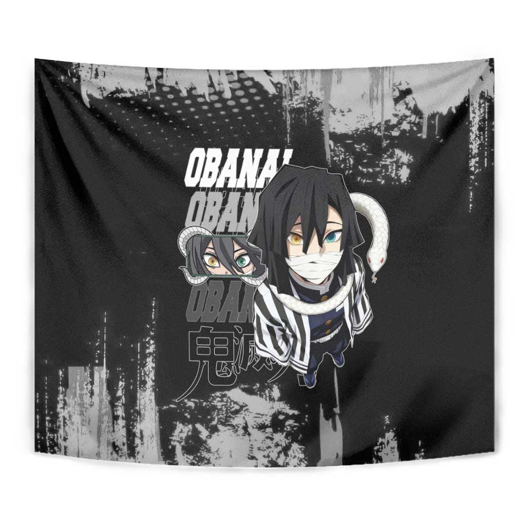 Obanai Iguro Demon Slayer Monochrome Tapestry Design with Snake and Grunge Texture - The Mazicc