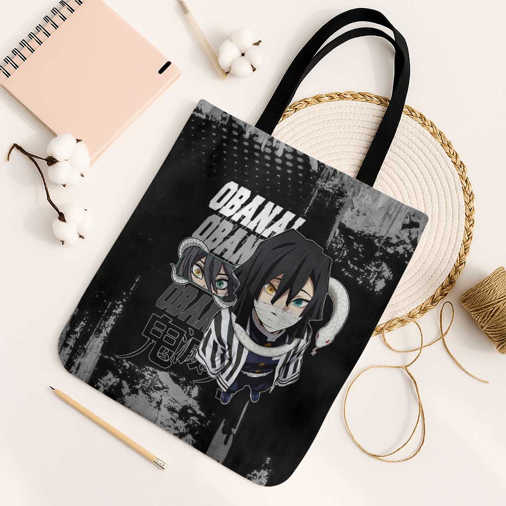 Obanai Iguro Demon Slayer Monochrome Tote Bag Design with Snake and Grunge Texture - The Mazicc