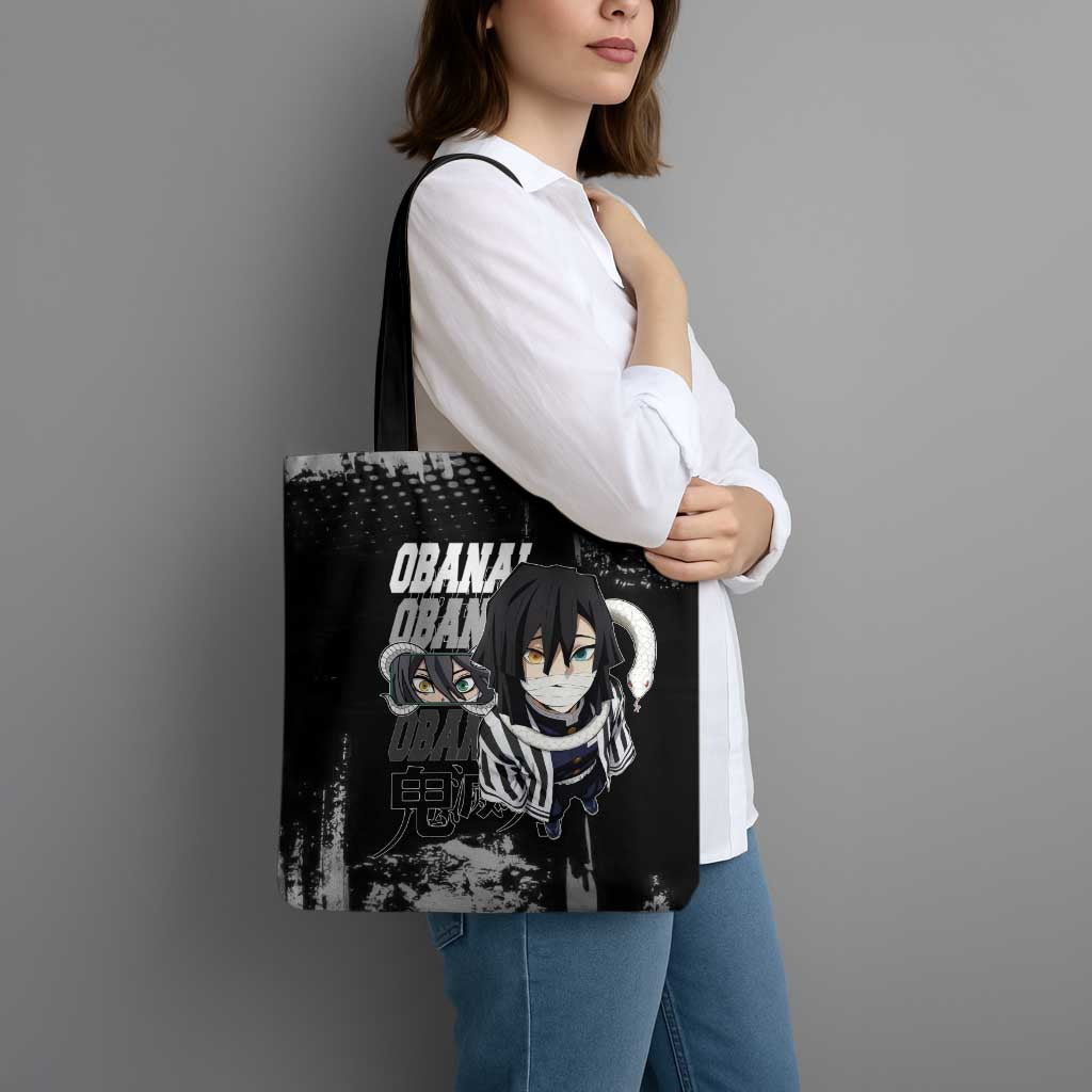 Obanai Iguro Demon Slayer Monochrome Tote Bag Design with Snake and Grunge Texture - The Mazicc