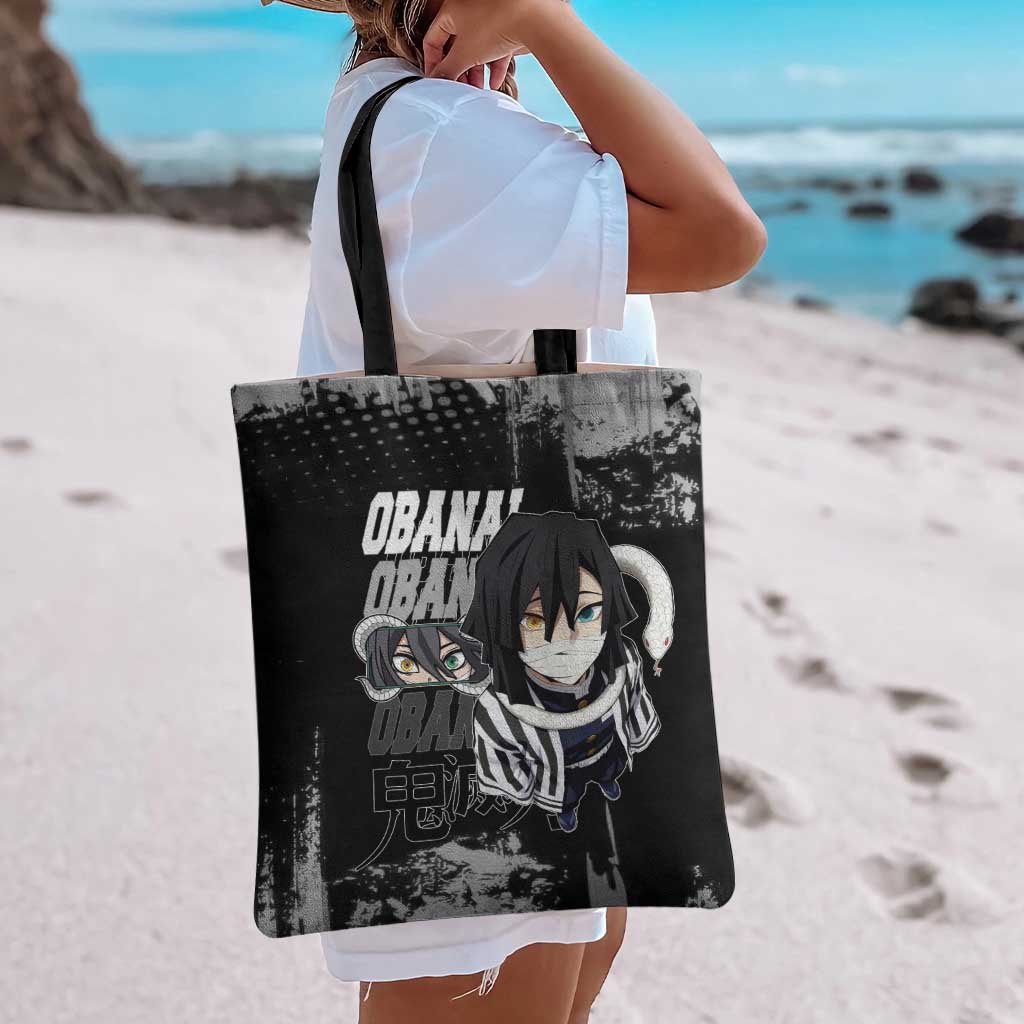 Obanai Iguro Demon Slayer Monochrome Tote Bag Design with Snake and Grunge Texture - The Mazicc