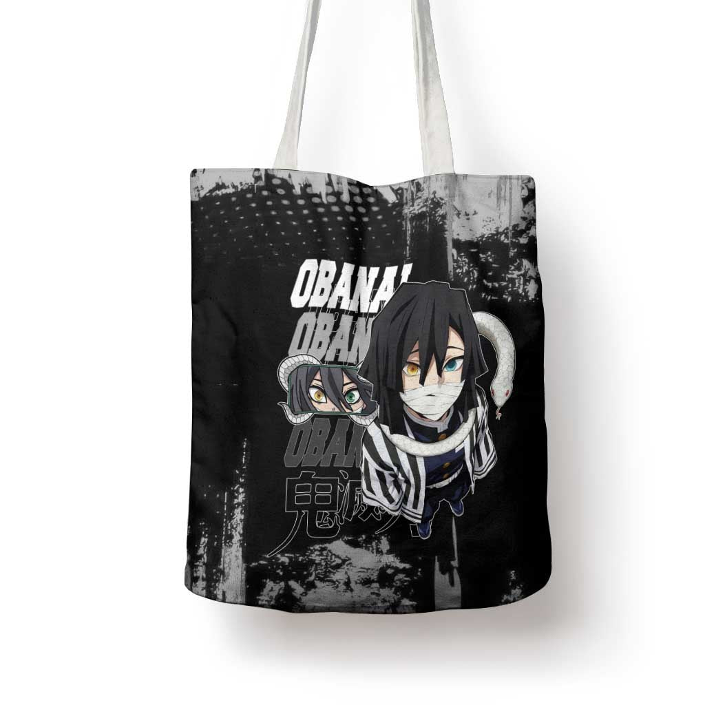 Obanai Iguro Demon Slayer Monochrome Tote Bag Design with Snake and Grunge Texture - The Mazicc