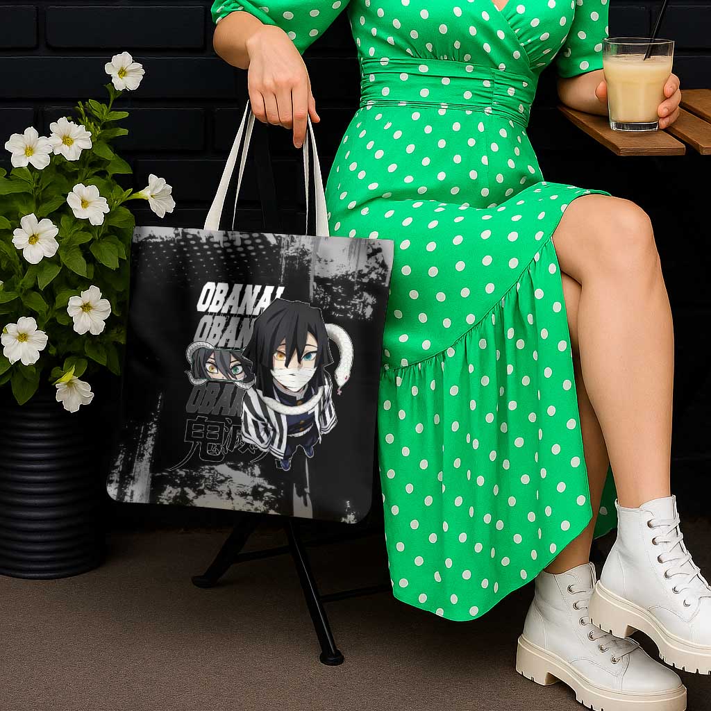 Obanai Iguro Demon Slayer Monochrome Tote Bag Design with Snake and Grunge Texture - The Mazicc