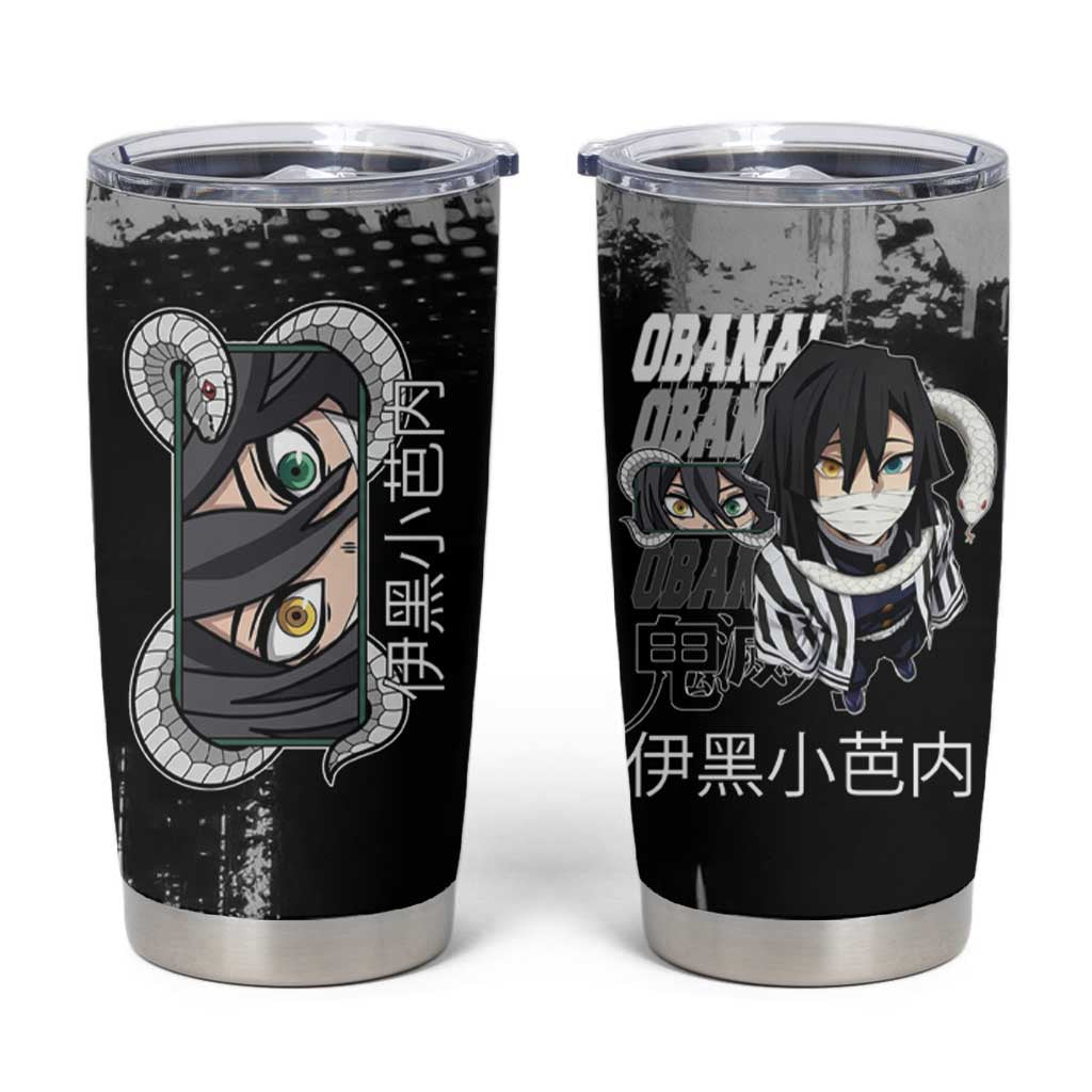 Obanai Iguro Demon Slayer Monochrome Tumbler Cup Design with Snake and Grunge Texture - The Mazicc