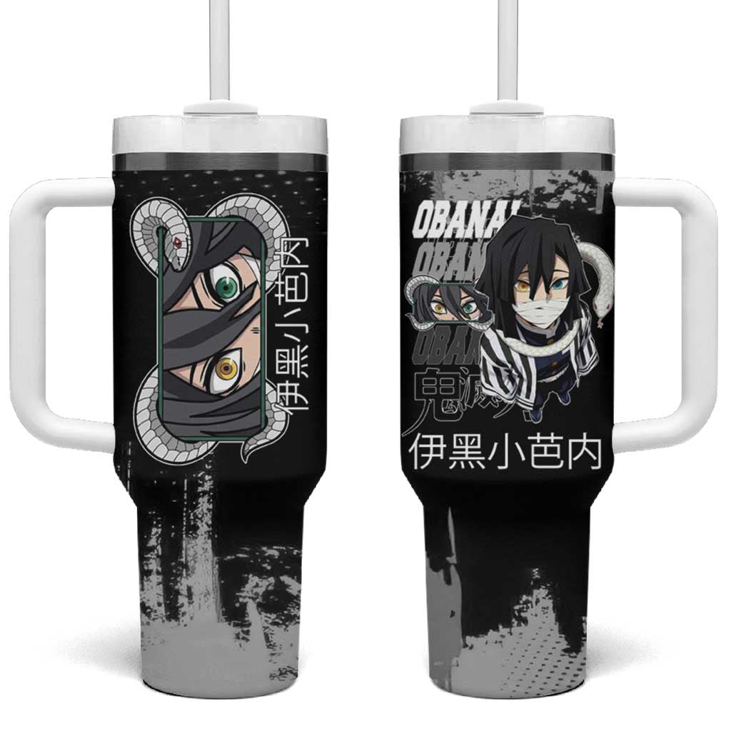 Obanai Iguro Demon Slayer Monochrome Tumbler With Handle Design with Snake and Grunge Texture - The Mazicc