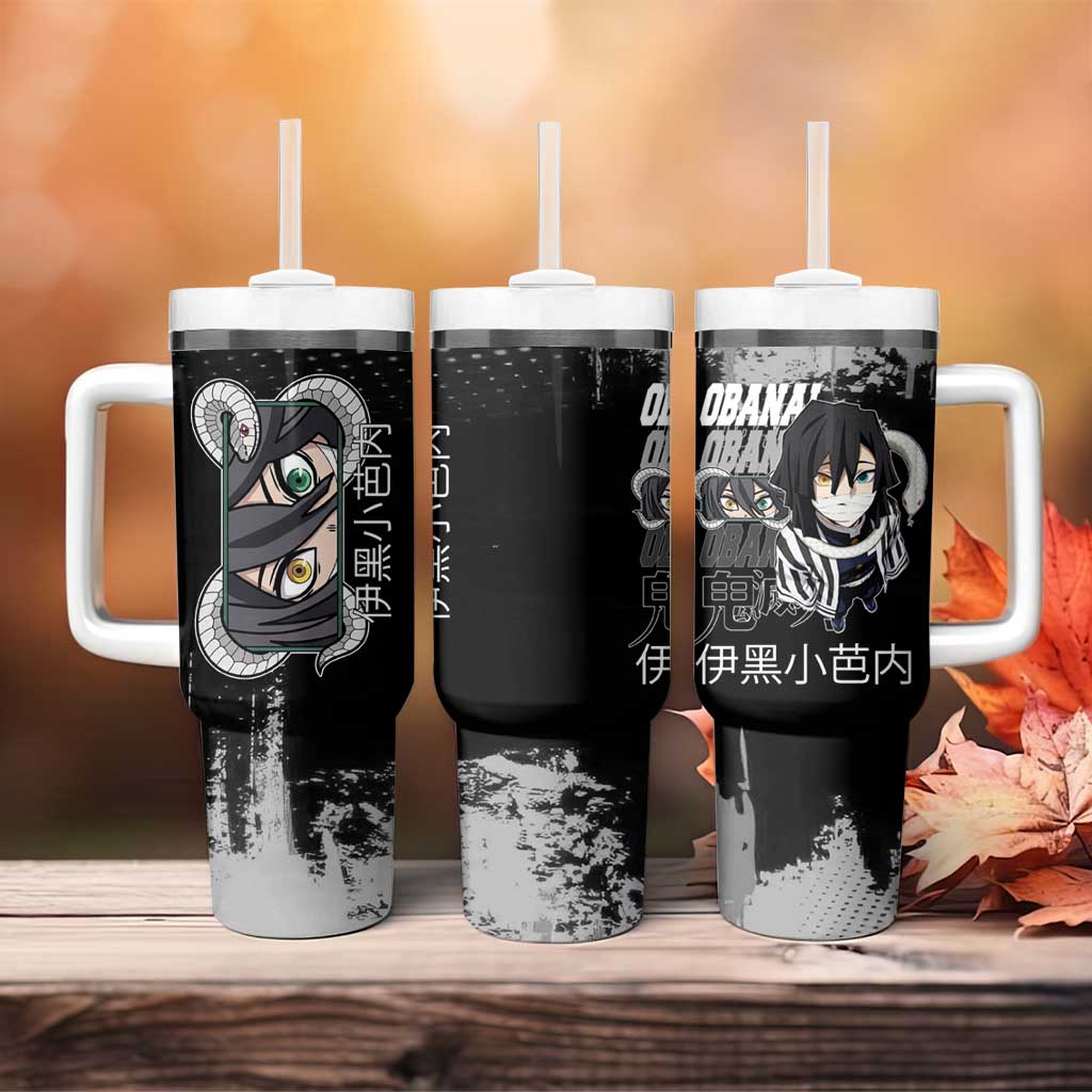 Obanai Iguro Demon Slayer Monochrome Tumbler With Handle Design with Snake and Grunge Texture - The Mazicc