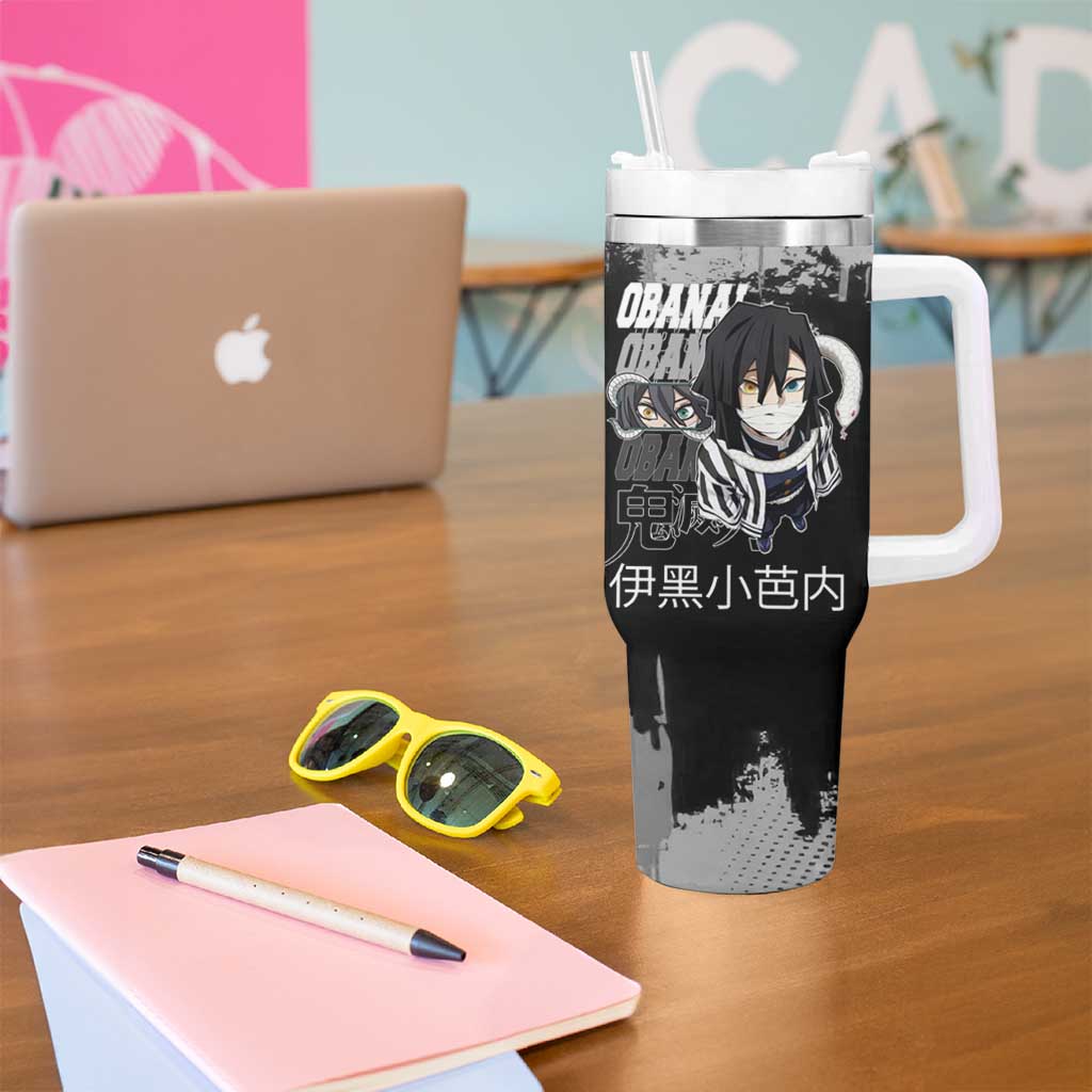 Obanai Iguro Demon Slayer Monochrome Tumbler With Handle Design with Snake and Grunge Texture - The Mazicc