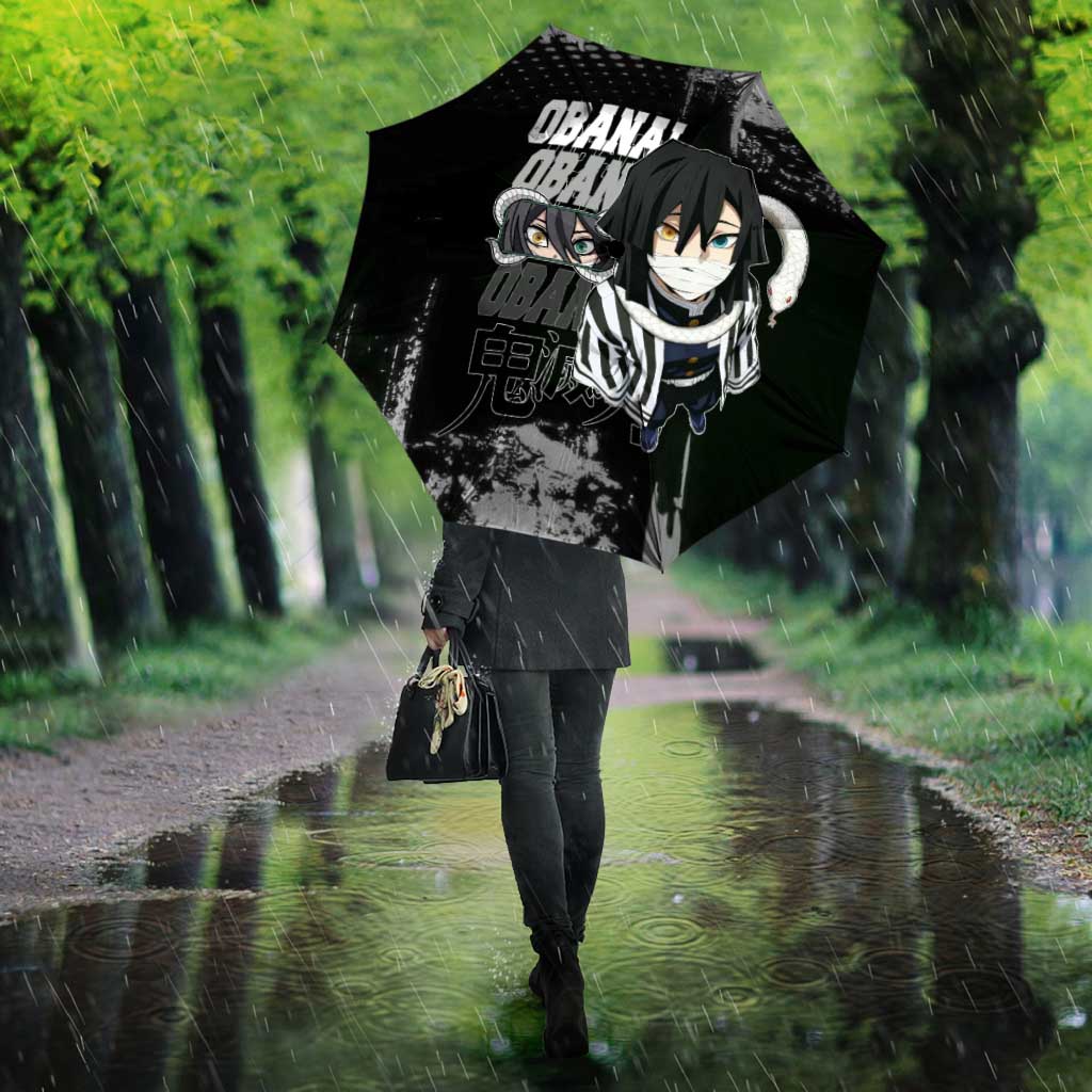 Obanai Iguro Demon Slayer Monochrome Umbrella Design with Snake and Grunge Texture - The Mazicc