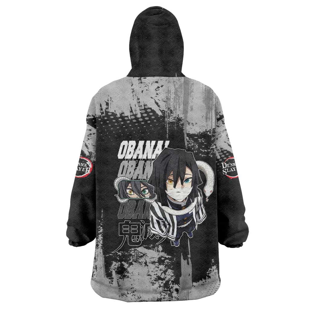 Obanai Iguro Demon Slayer Monochrome Wearable Blanket Hoodie Design with Snake and Grunge Texture - The Mazicc