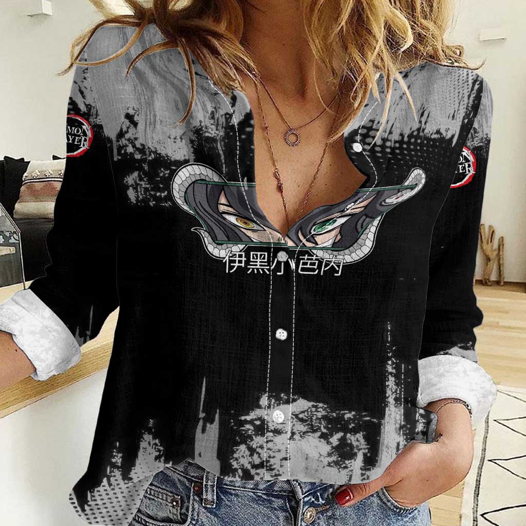 Obanai Iguro Demon Slayer Monochrome Women Casual Shirt Design with Snake and Grunge Texture - The Mazicc