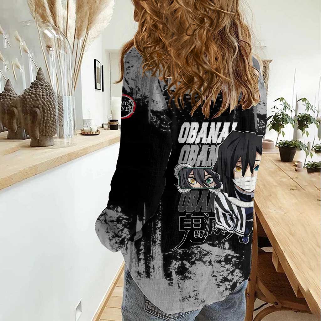 Obanai Iguro Demon Slayer Monochrome Women Casual Shirt Design with Snake and Grunge Texture - The Mazicc