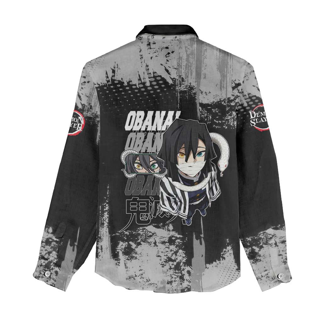 Obanai Iguro Demon Slayer Monochrome Women Casual Shirt Design with Snake and Grunge Texture - The Mazicc