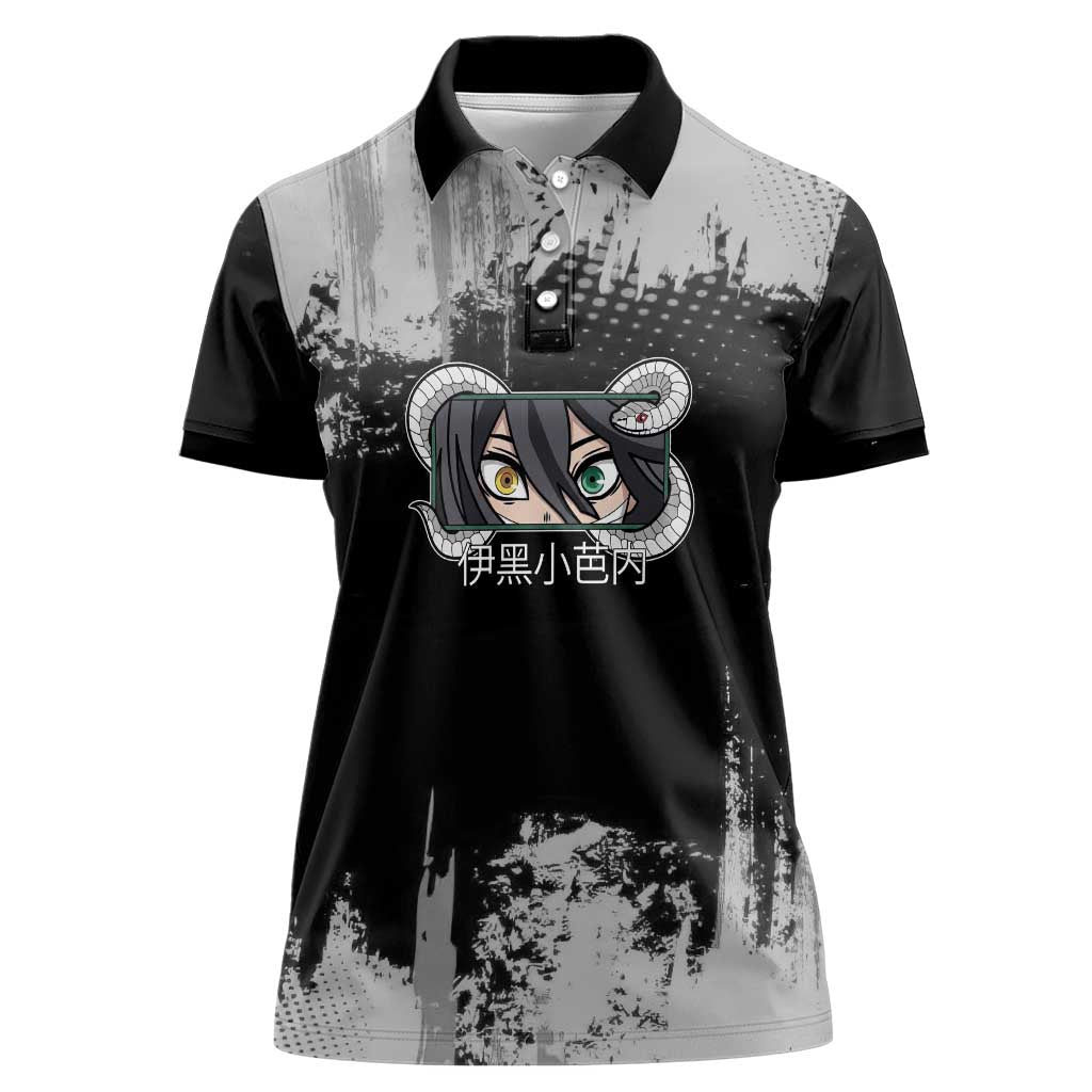 Obanai Iguro Demon Slayer Monochrome Women Polo Shirt Design with Snake and Grunge Texture - The Mazicc