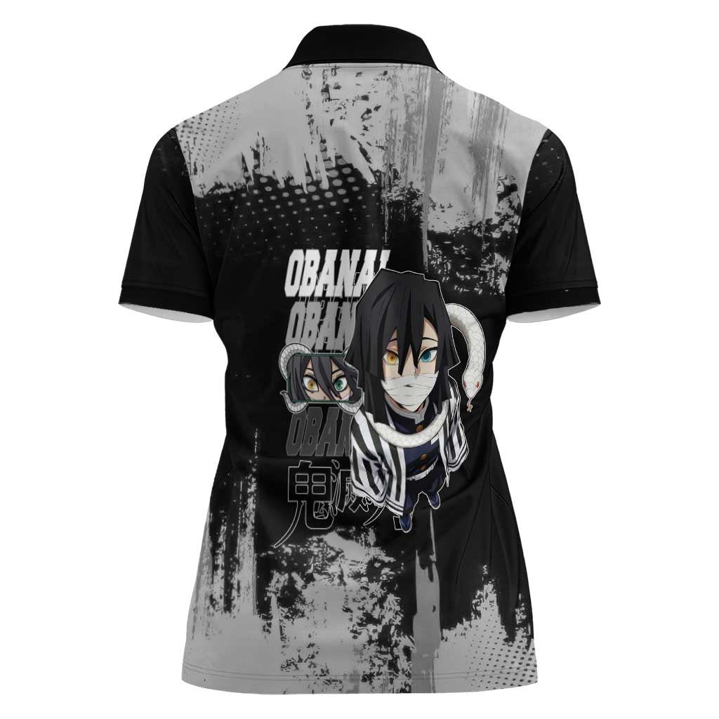 Obanai Iguro Demon Slayer Monochrome Women Polo Shirt Design with Snake and Grunge Texture - The Mazicc