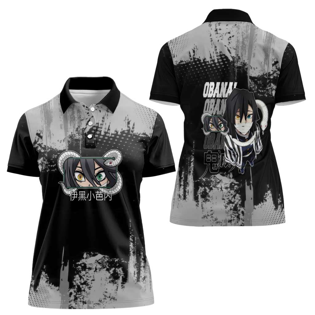 Obanai Iguro Demon Slayer Monochrome Women Polo Shirt Design with Snake and Grunge Texture - The Mazicc