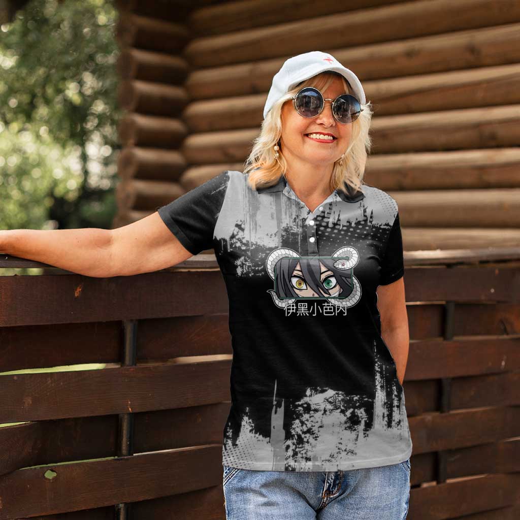 Obanai Iguro Demon Slayer Monochrome Women Polo Shirt Design with Snake and Grunge Texture - The Mazicc