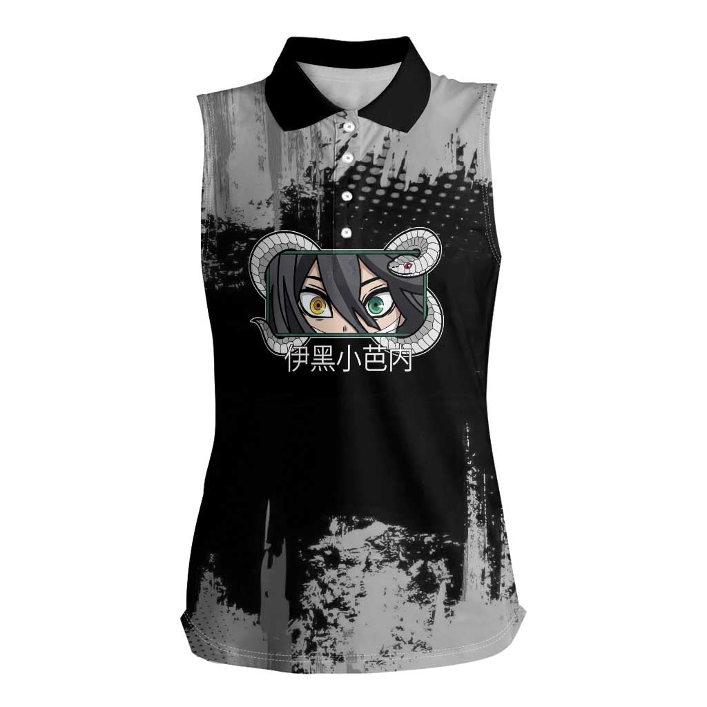 Obanai Iguro Demon Slayer Monochrome Women Sleeveless Polo Shirt Design with Snake and Grunge Texture - The Mazicc